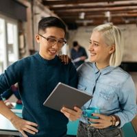 Man and woman speaking to each other
